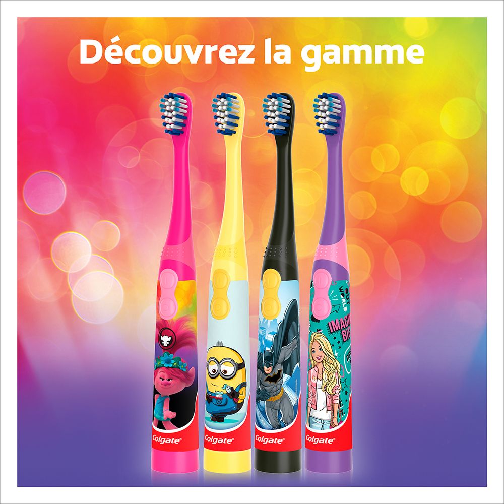 Vier Colgate® Kids Zahnbürsten. Verschiedene Designs. Text: 'Entdecken Sie die Produktpalette'.