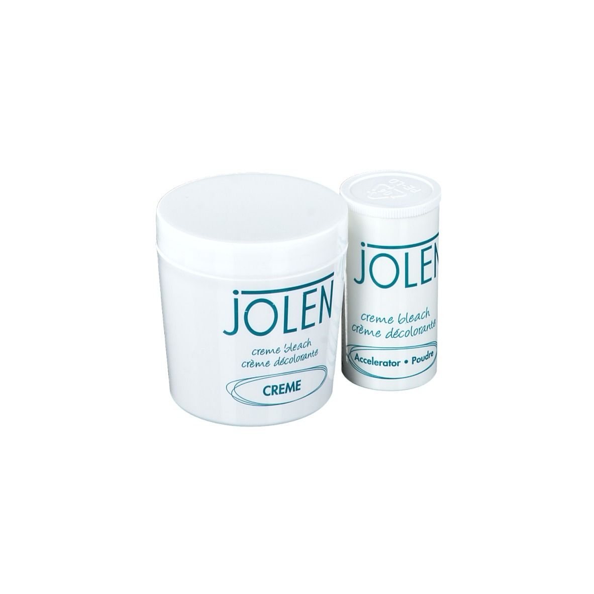 Deux contenants blancs de JOLEN crème décolorante. Un grand avec "CRÈME", un petit avec "Poudre".
