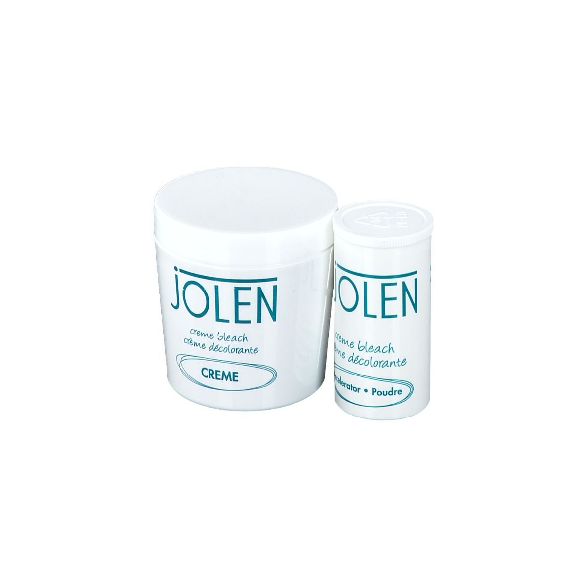 Deux contenants blancs de JOLEN crème décolorante. Le grand porte le nom de la marque.