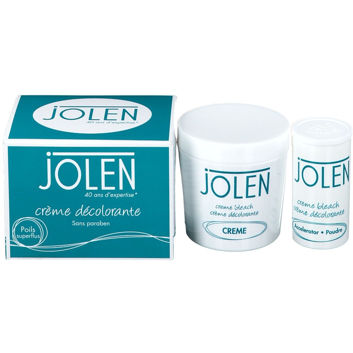 Emballage JOLEN crème décolorante avec deux contenants et une boîte. "40 ans d'expertise" sur la boîte.