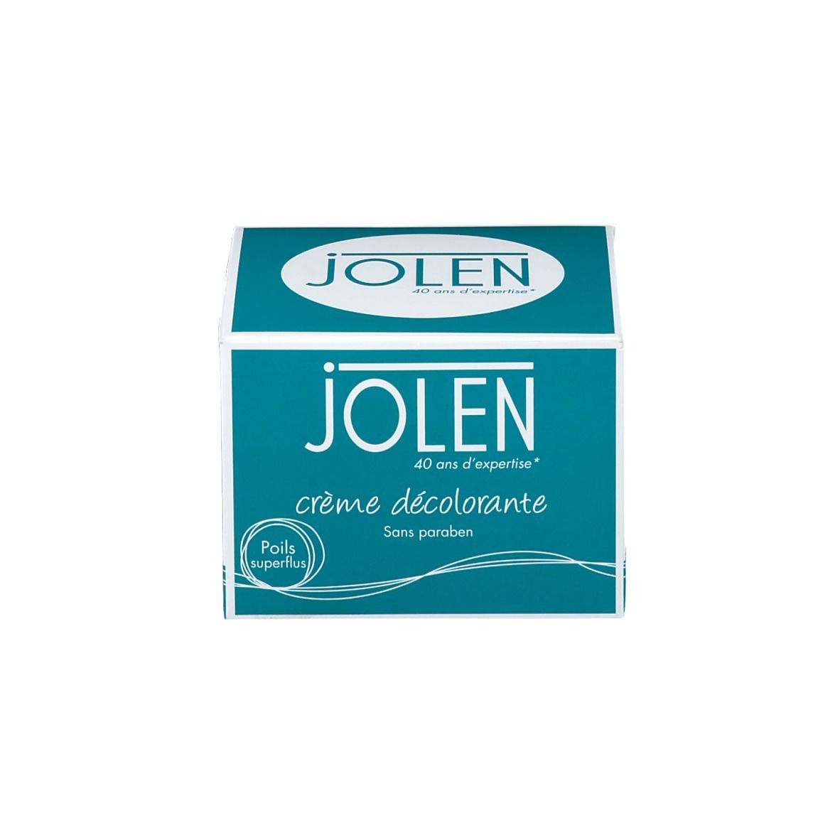Boîte JOLEN crème décolorante. "40 ans d'expertise" et "crème décolorante" sur la boîte.