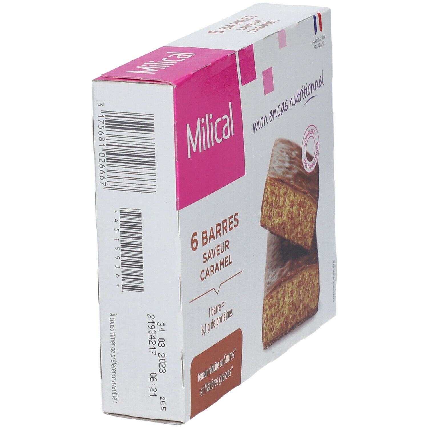 Boîte de 6 barres caramel Milical. Inscription "mon encas nutritionnel". Code-barres et date de péremption.