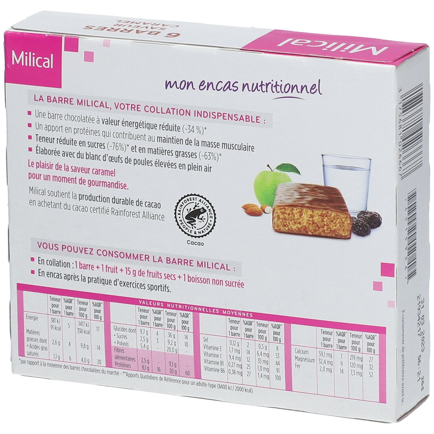 Dos de la boîte de 6 barres caramel Milical. Texte sur les propriétés et valeurs nutritionnelles.