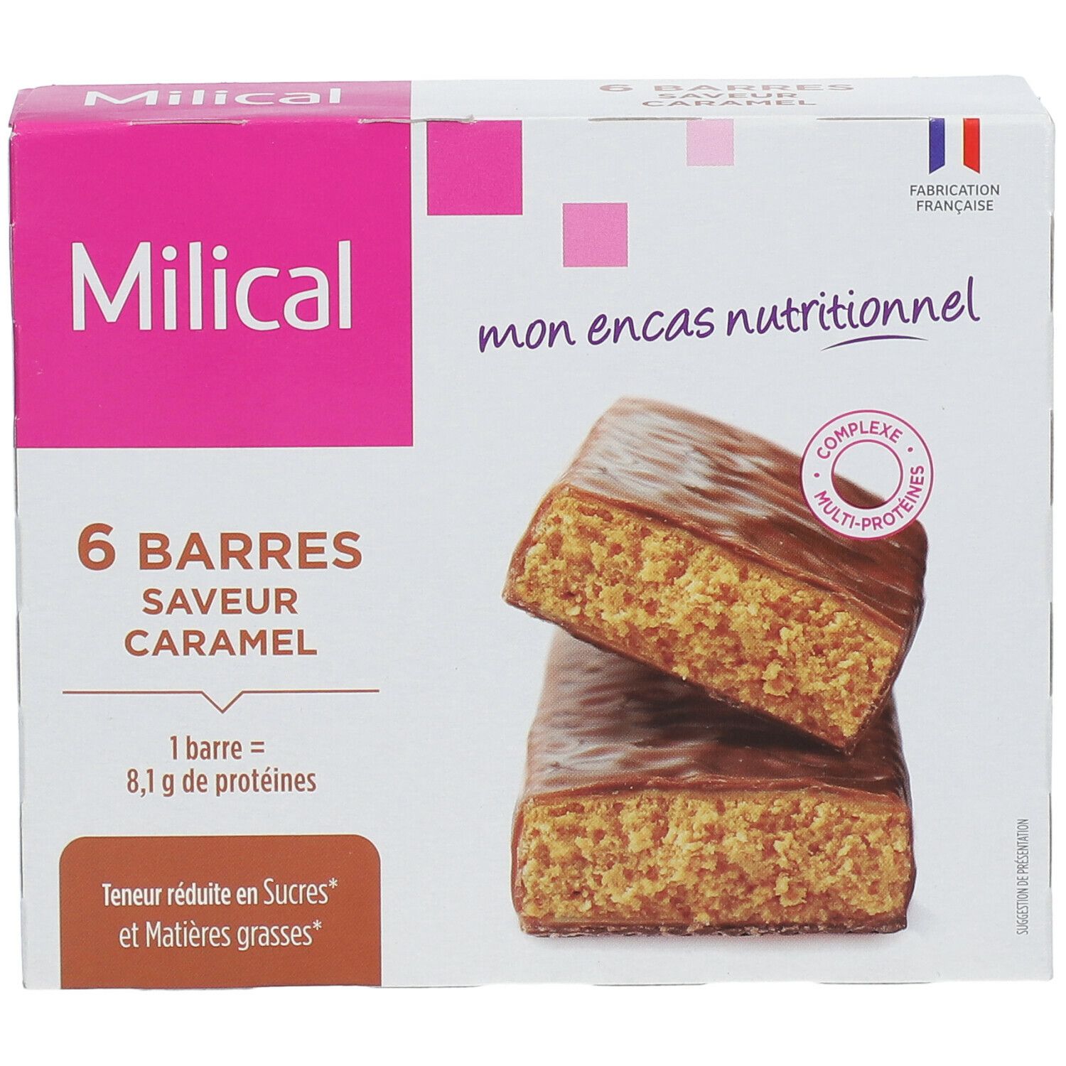 Boîte de 6 barres saveur caramel Milical. Inscription "mon encas nutritionnel". 6 barres représentées.