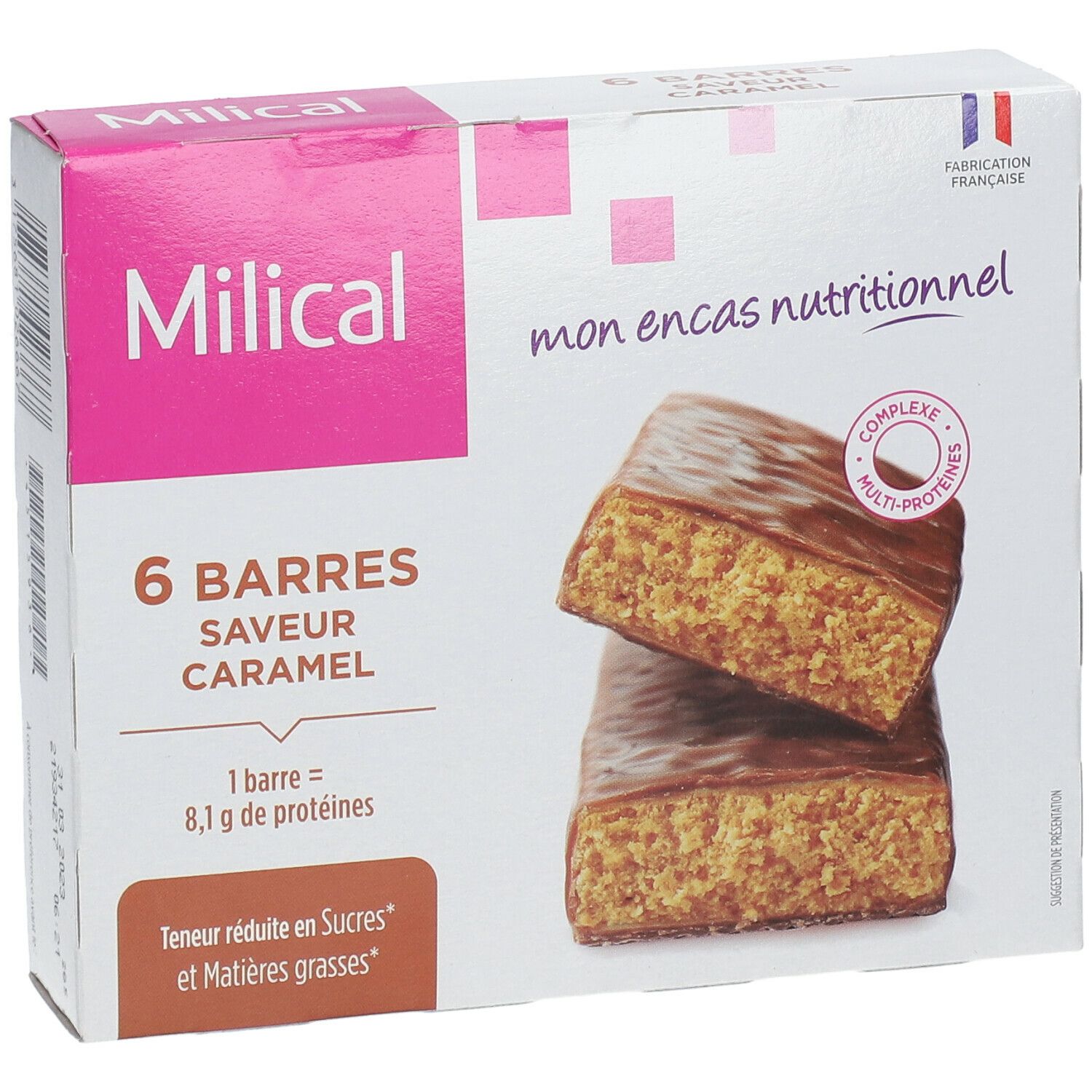 Boîte de 6 barres saveur caramel Milical. Inscription "mon encas nutritionnel". 6 barres représentées.