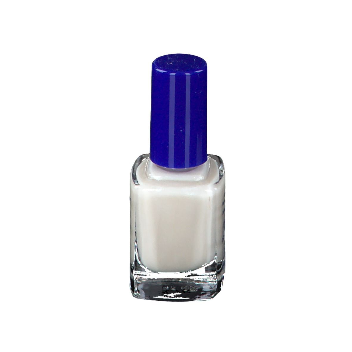 Flacon de vernis à ongles blanc et bouchon bleu. Forme carrée, flacon en verre transparent.