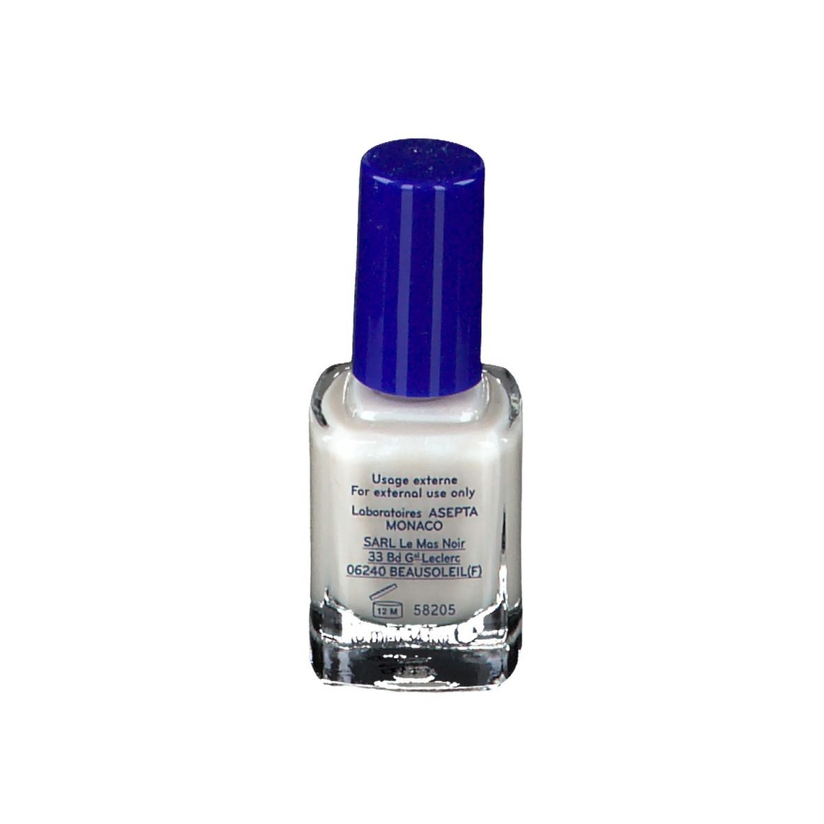Flacon de vernis à ongles blanc et bouchon bleu. Dos avec texte: Usage externe, Laboratoires ASEPTA.