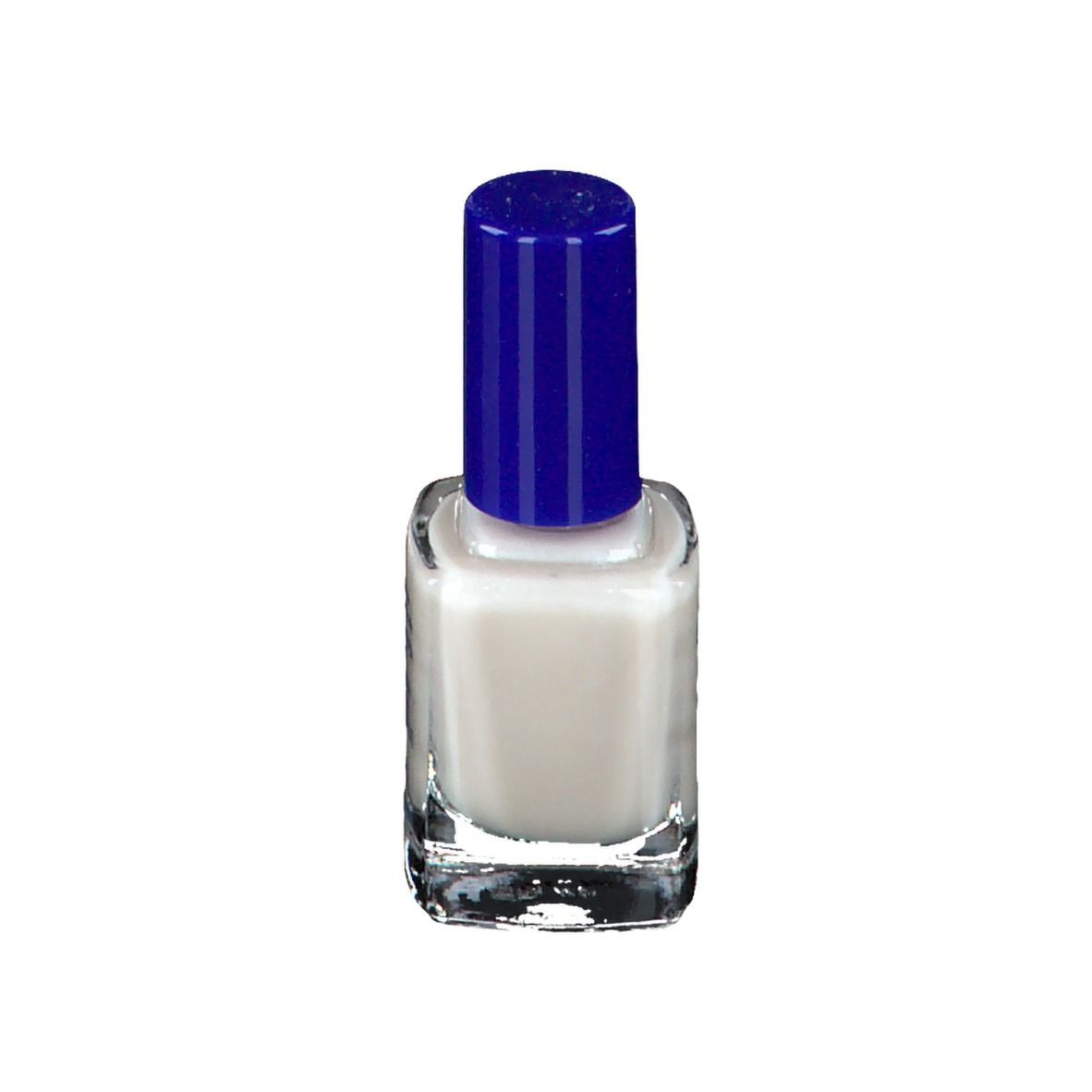 Flacon de vernis à ongles blanc et bouchon bleu. Forme carrée, flacon en verre transparent.