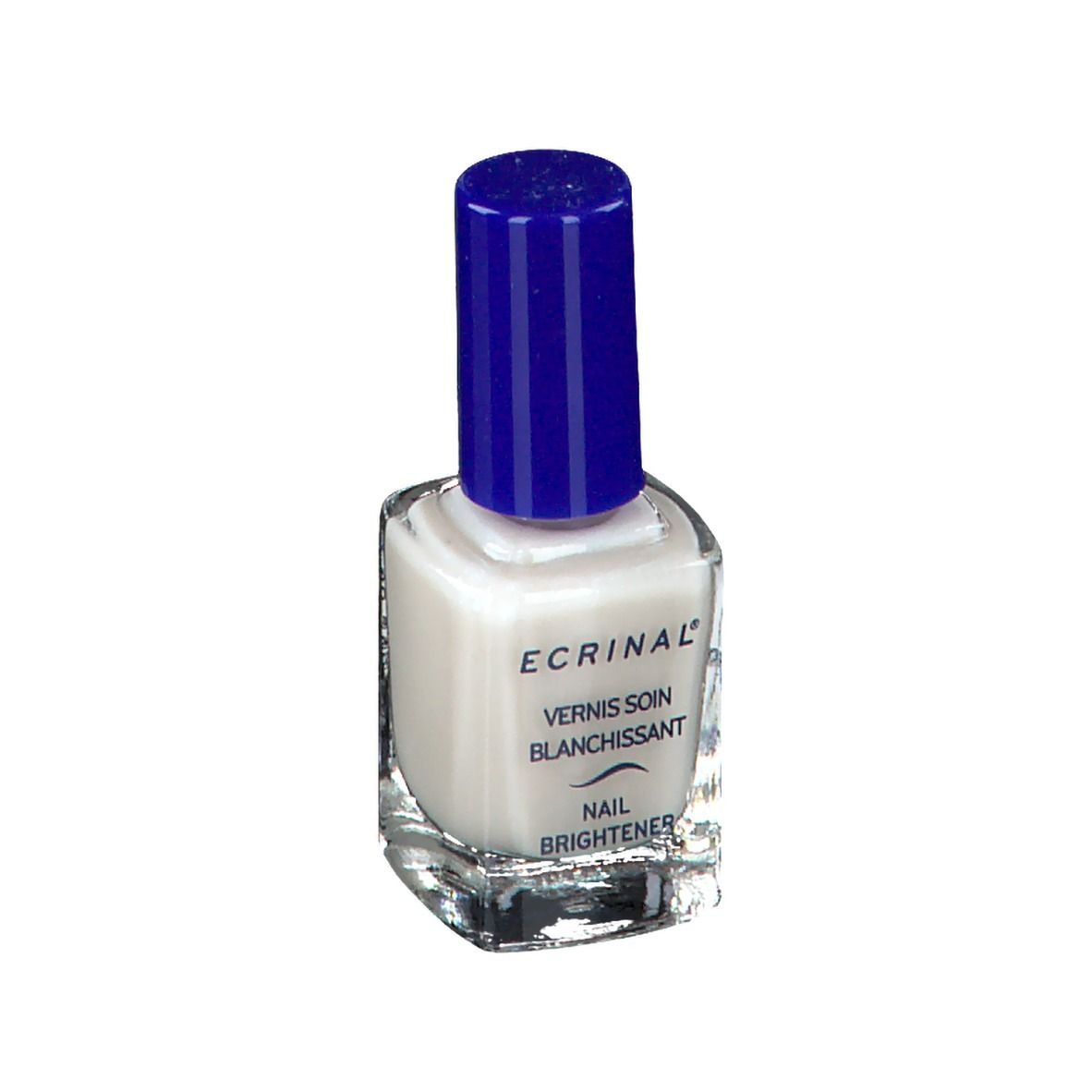 Flacon de vernis à ongles blanc et bouchon bleu. Inscription: ECRINAL, Vernis Soin Blanchissant, Nail Brightener.