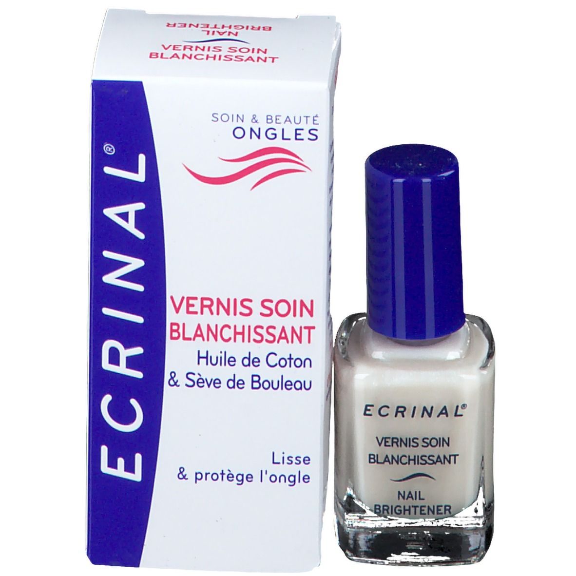 Flacon de vernis à ongles et emballage. Inscription: ECRINAL, Vernis Soin Blanchissant, Huile de Coton & Sève de Bouleau.
