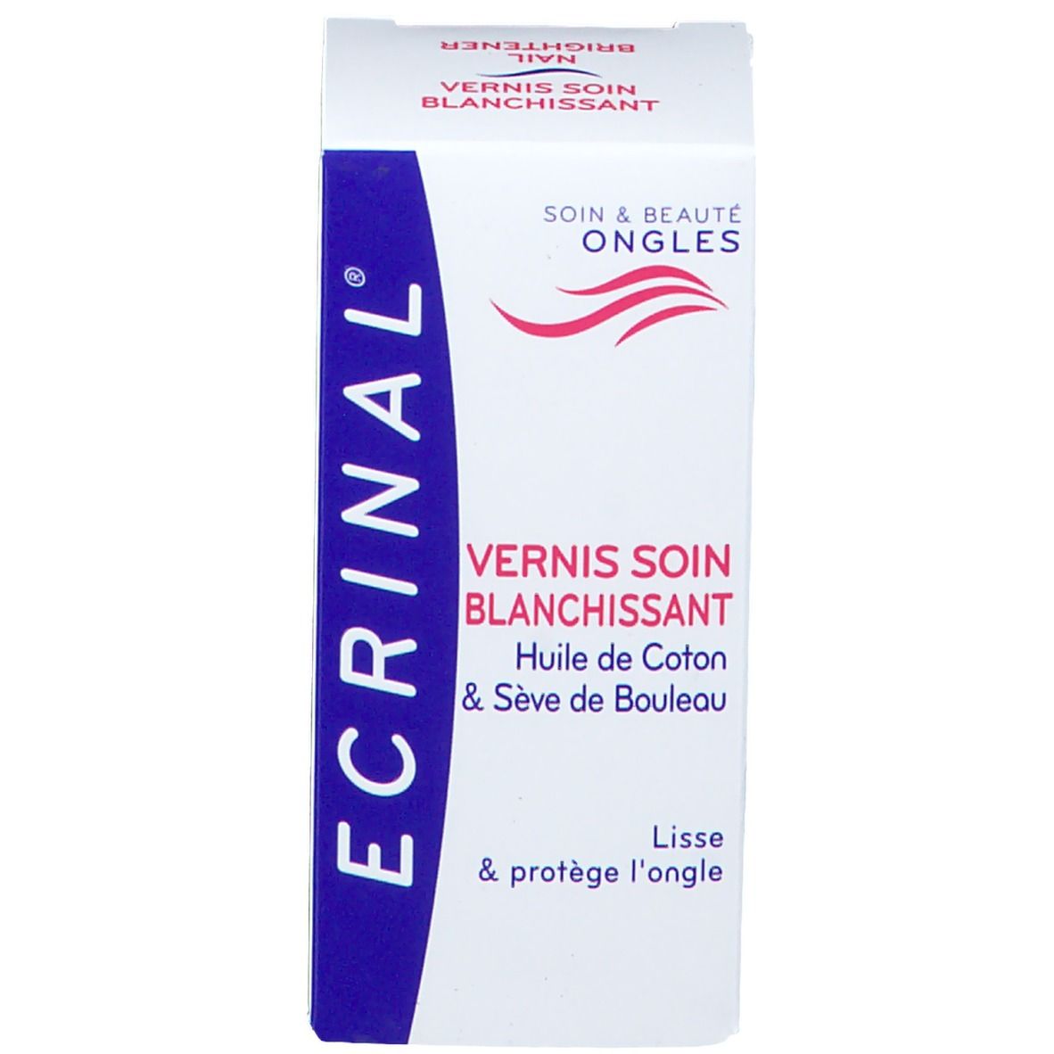 Emballage de vernis à ongles. Inscription: ECRINAL, Vernis Soin Blanchissant, Huile de Coton & Sève de Bouleau. Blanc avec accent bleu.