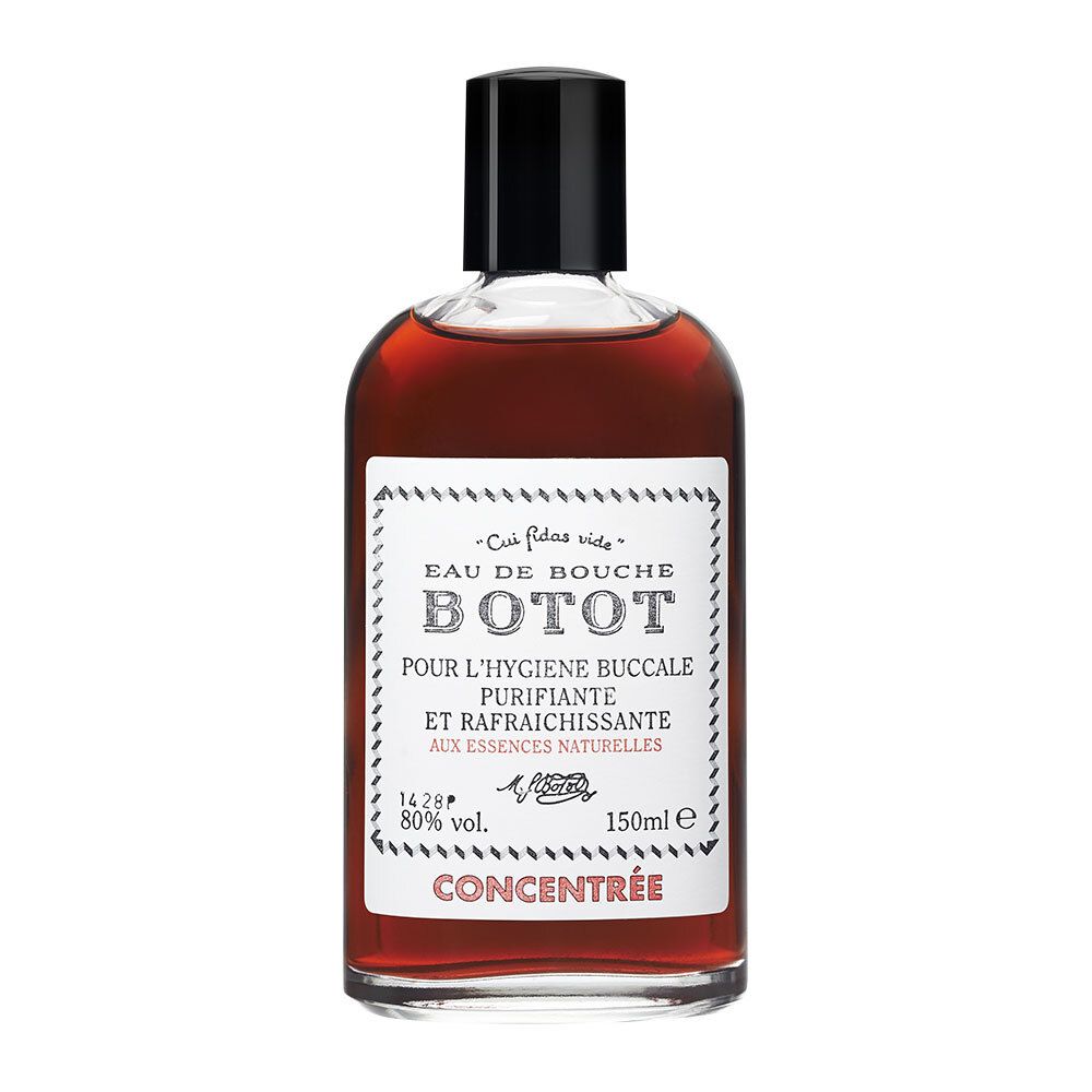 Flacon de liquide avec bouchon noir. L'étiquette indique "Botot Eau de Bouche".