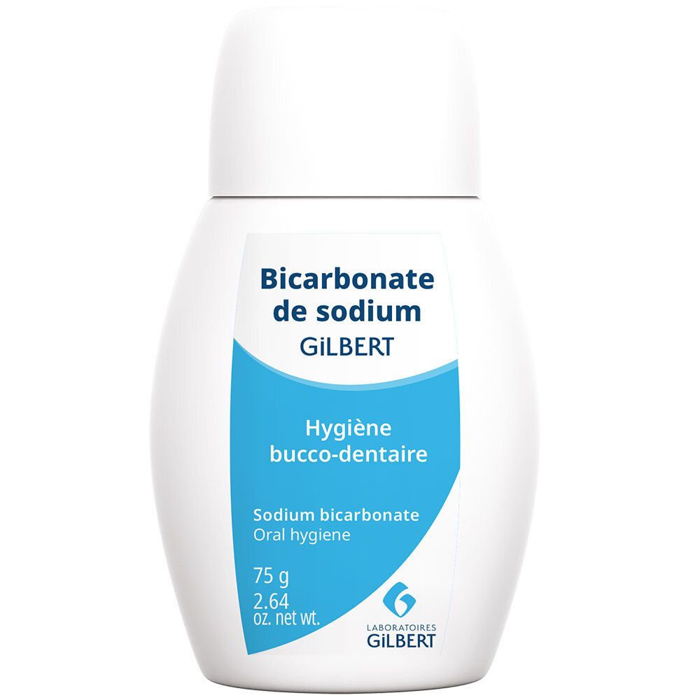 Flacon blanc avec étiquette bleue. Inscription : Bicarbonate de sodium, GILBERT, Hygiène bucco-dentaire, 75 g.