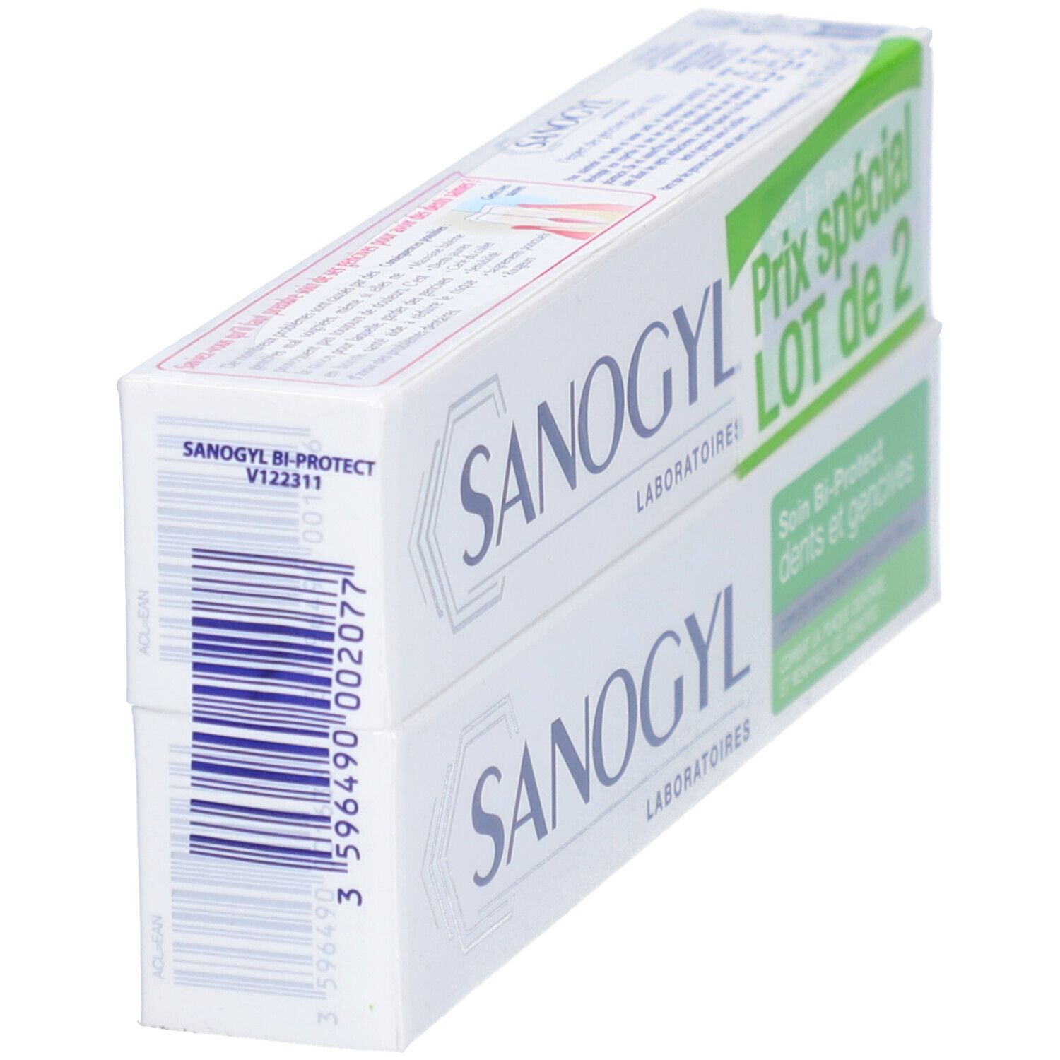 Deux boîtes Sanogyl en biais. Code-barres et informations produit sur le côté.