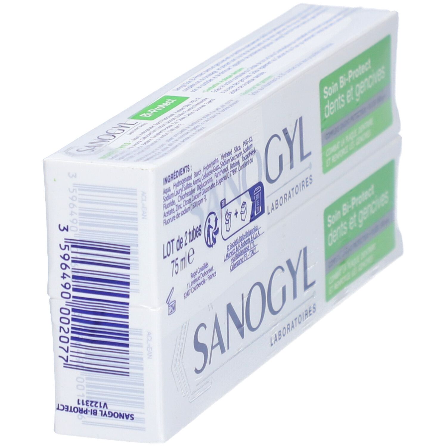 Deux boîtes Sanogyl en biais. Code-barres et informations produit sur le côté.