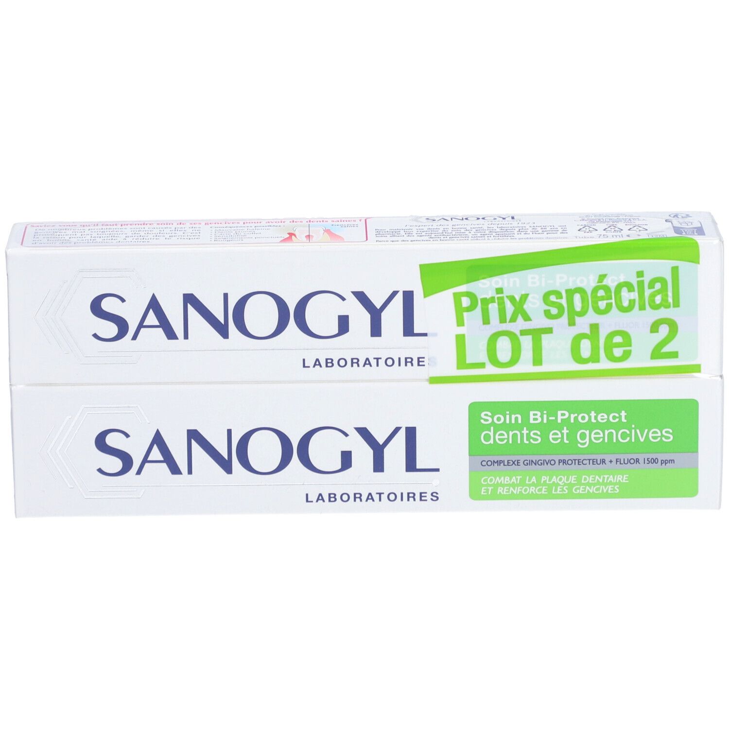 Deux boîtes blanches Sanogyl. Texte: "Prix spécial LOT de 2".