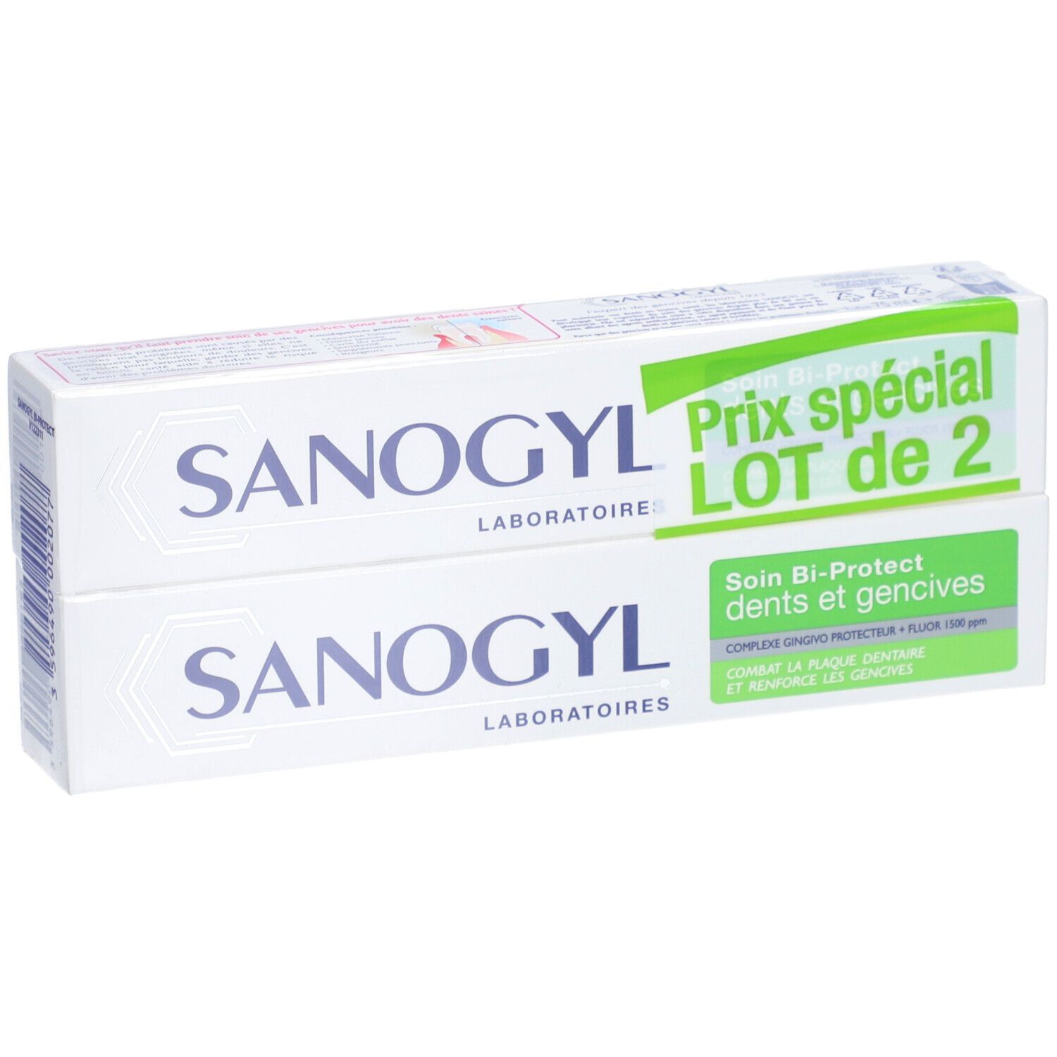 Deux boîtes blanches Sanogyl. Texte: "Prix spécial LOT de 2".
