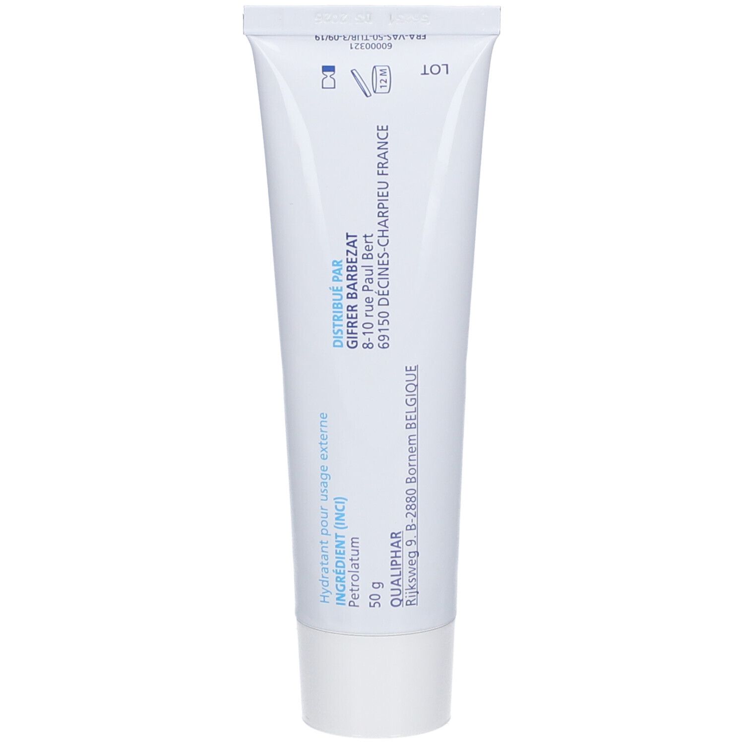 Rückseite einer Tube Vaseline. Text: Hydratant pour usage externe, 50 g, Qualiphar.