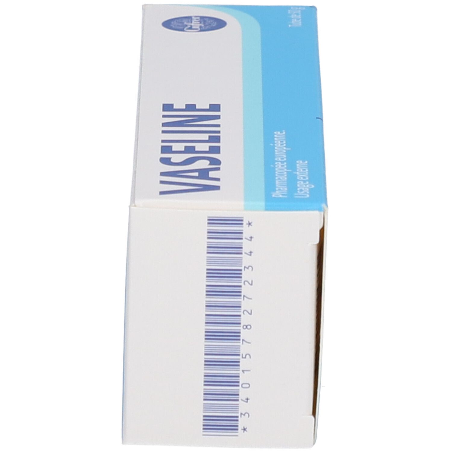 Seitenansicht der Vaseline-Schachtel. Barcode und Text: Vaseline, Gifrer.