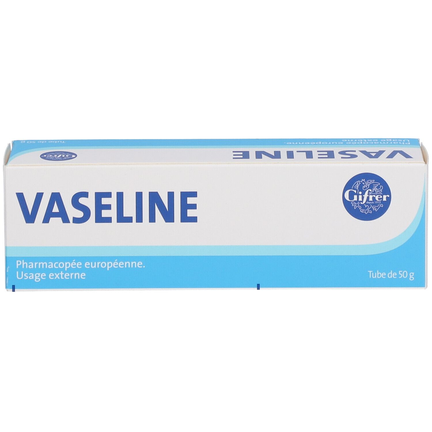 Schachtel mit Vaseline. Aufschrift: Vaseline, Gifrer. Verpackung: blau und weiß.