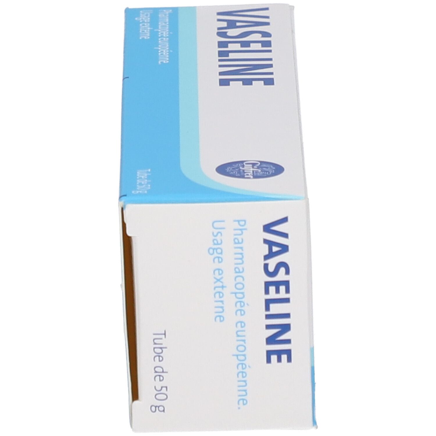 Schachtel mit Vaseline. Aufschrift: Vaseline, Gifrer. Verpackung: blau und weiß.