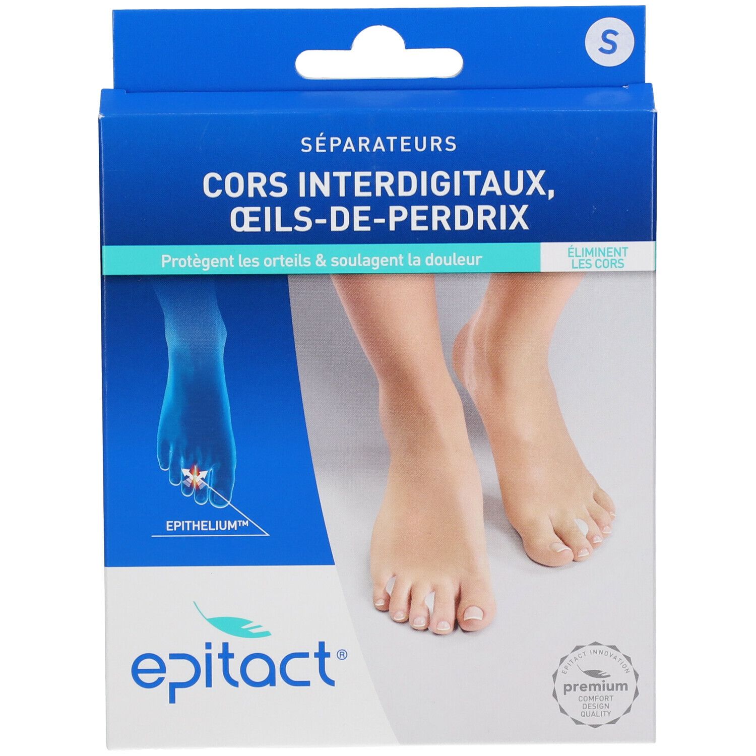 Boîte de séparateurs interdigitaux. Bleu, avec texte et illustration de pieds. Taille S.