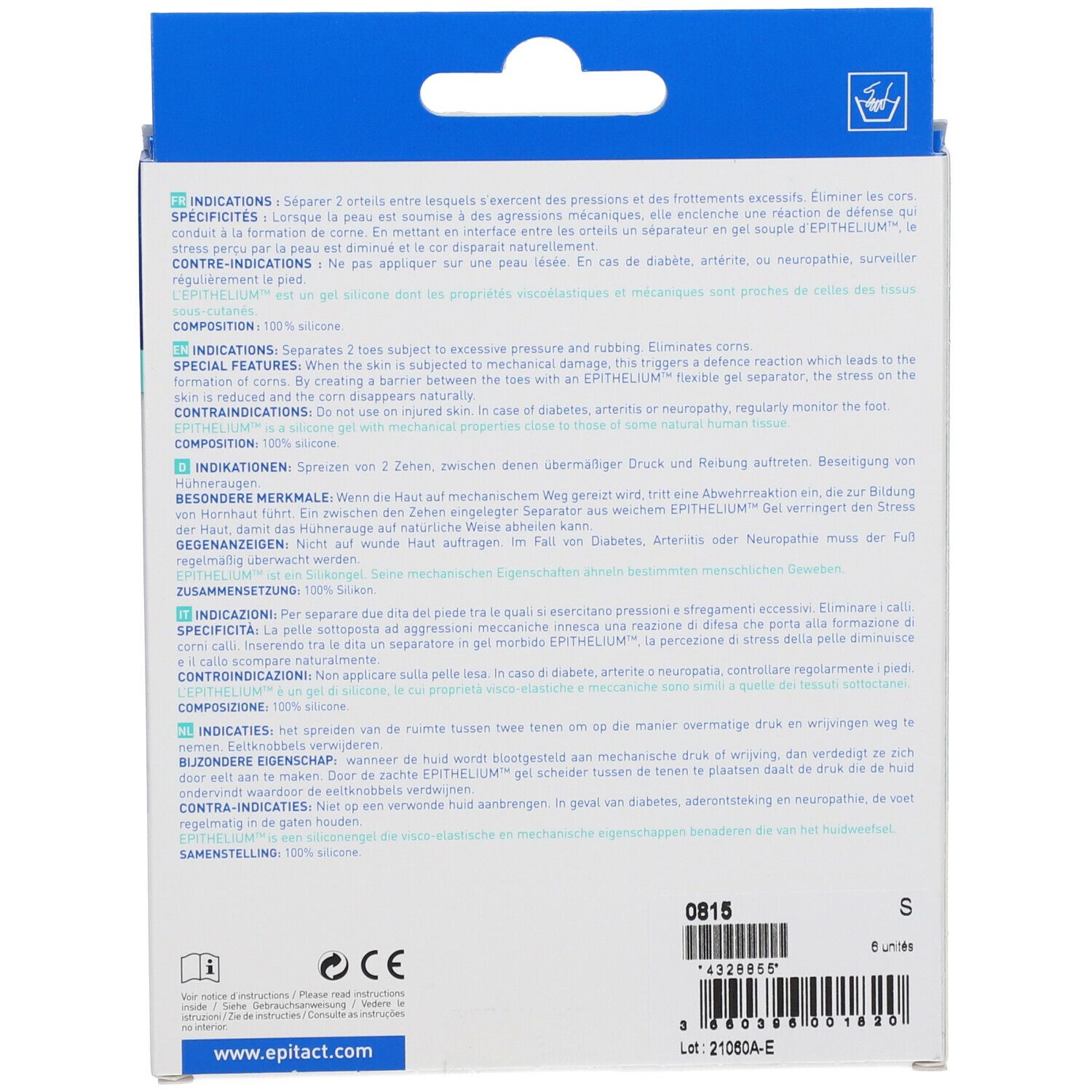 Dos de la boîte avec informations produit et fabricant. Taille S.