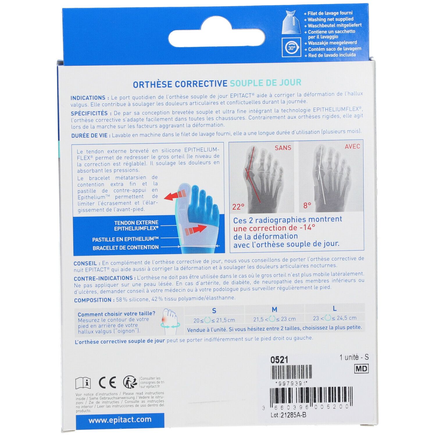 Dos de la boîte de l'orthèse Hallux valgus S. Texte et informations sur le produit.