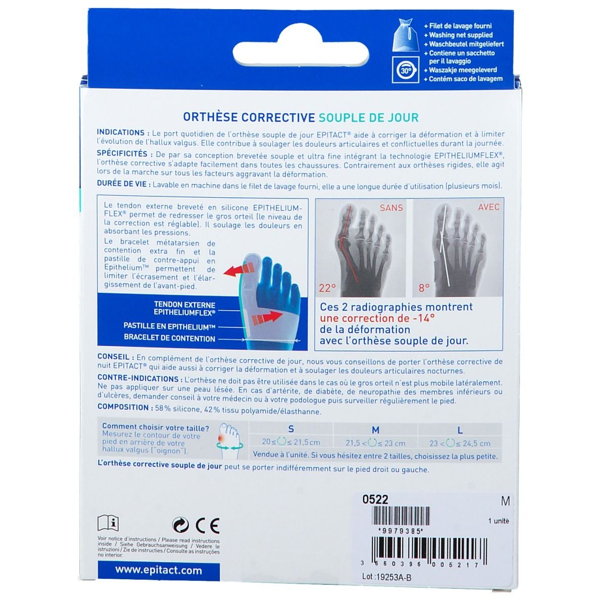 Dos de la boîte de l'orthèse corrective pour Hallux valgus. Texte multilingue. Marque : Epitact.