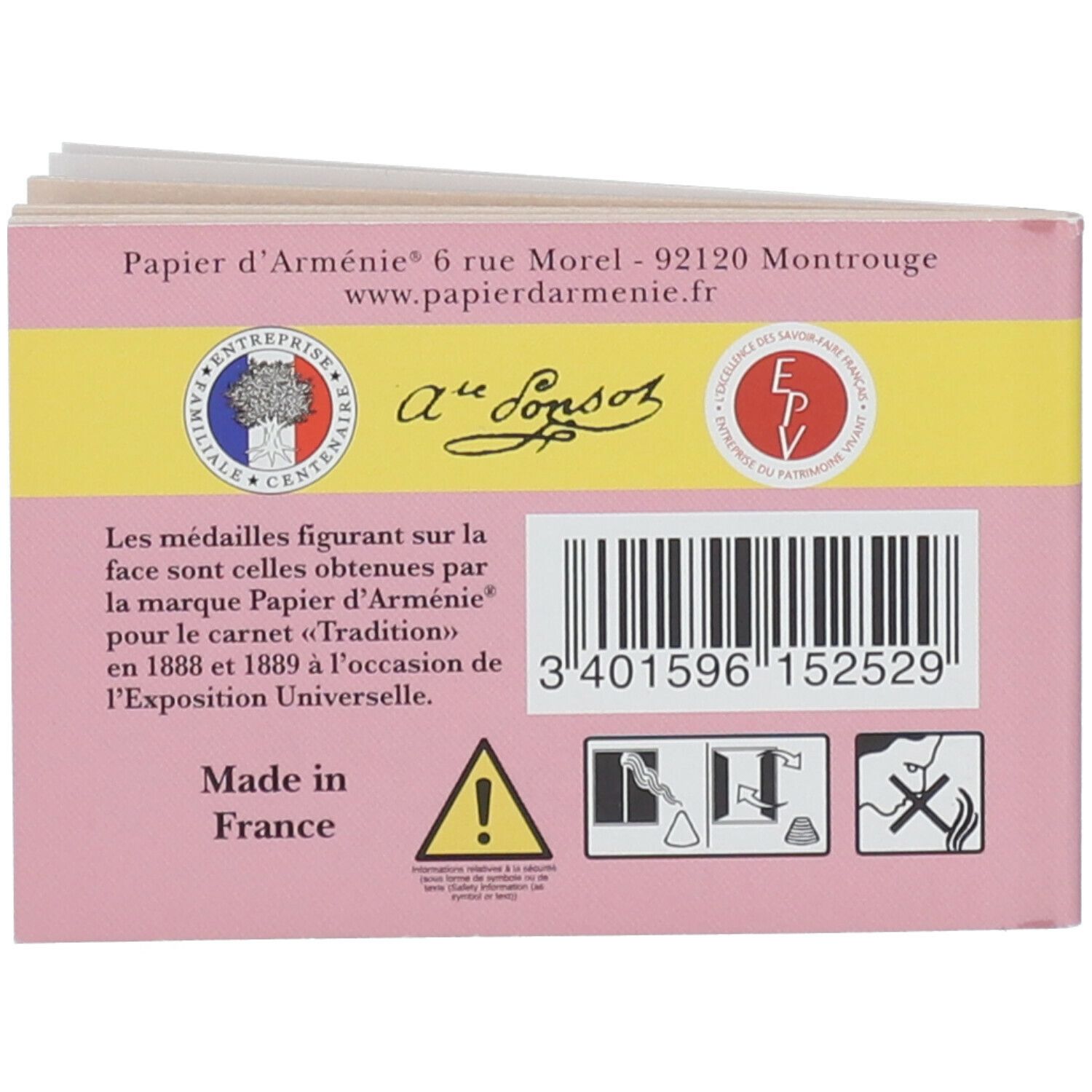 Dos de la boîte rose Papier d'Arménie™. Code-barres, symboles d'avertissement, texte: Made in France.