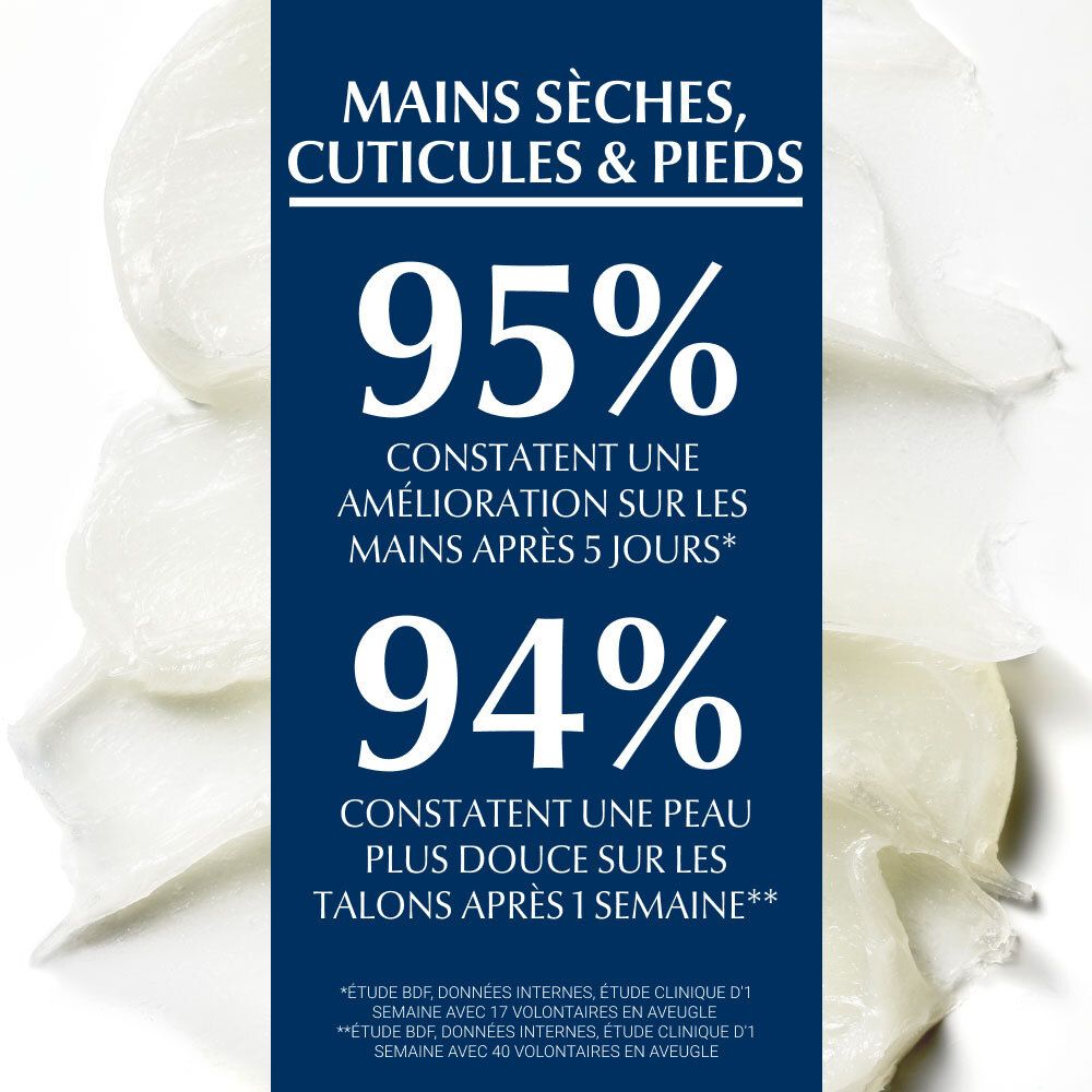 Texte: 95% constatent une amélioration des mains après 5 jours. 94% talons plus doux après 1 semaine.
