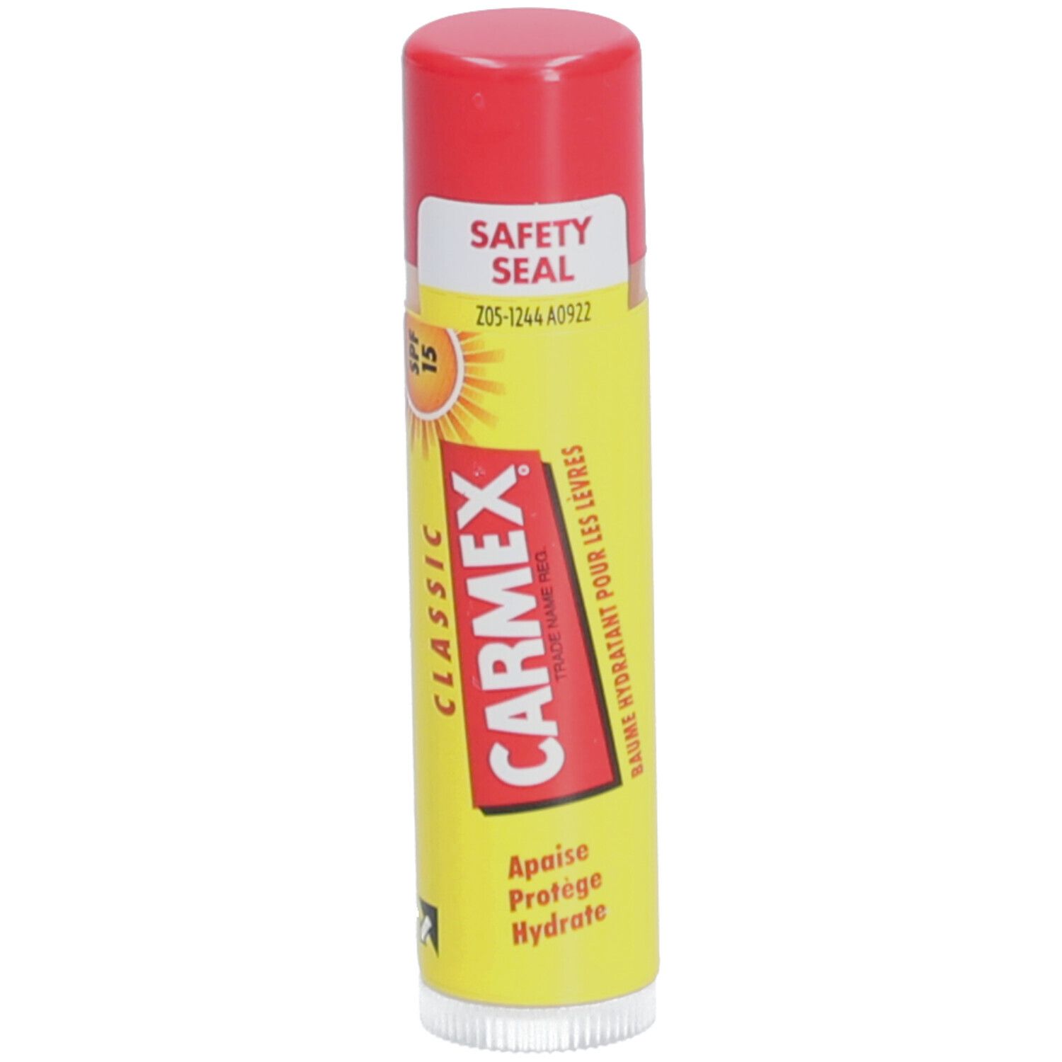 Stick de baume à lèvres jaune avec bouchon rouge. Inscription: CARMEX, CLASSIC, SPF 15. Avec fermeture de sécurité.