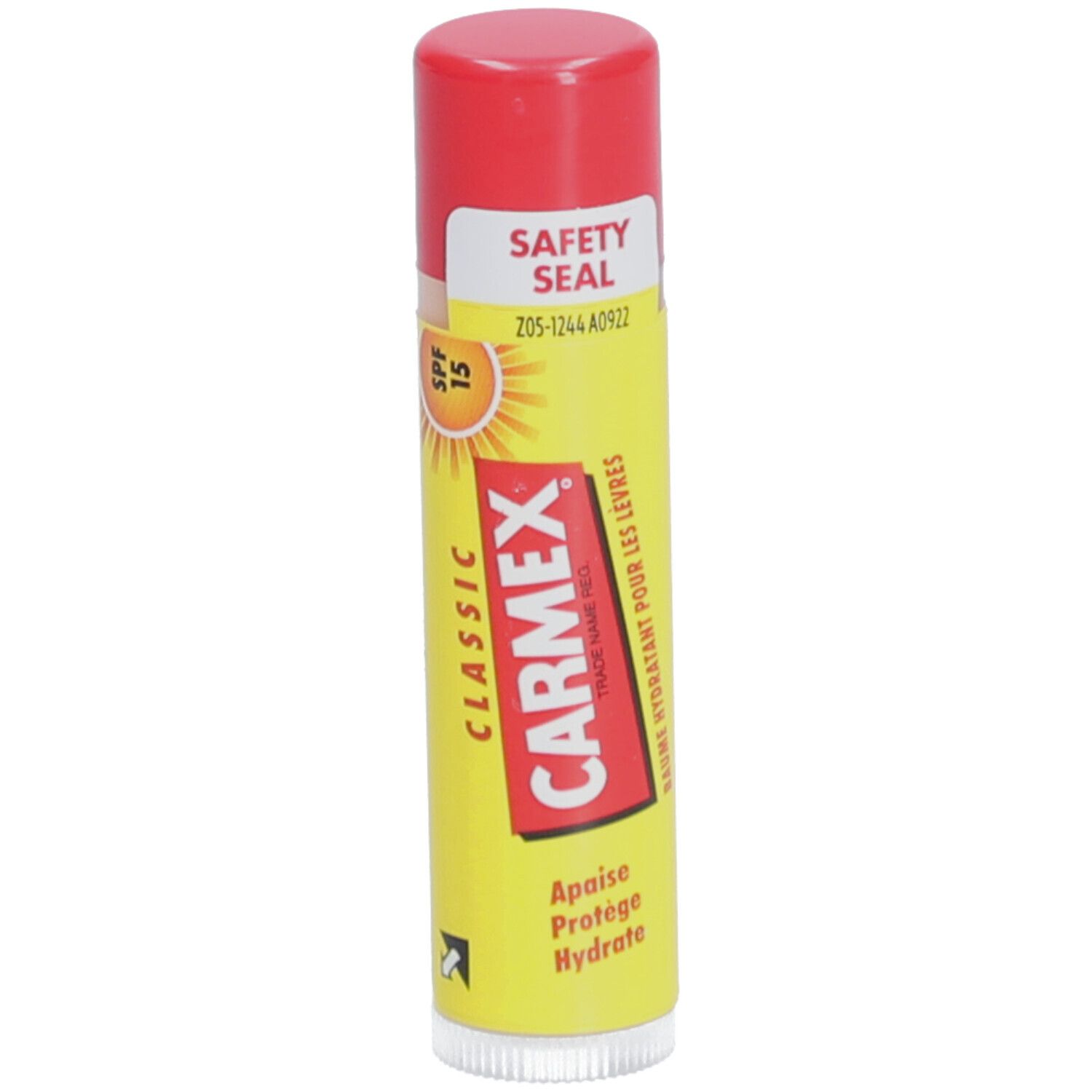 Stick de baume à lèvres jaune avec bouchon rouge. Inscription: CARMEX, CLASSIC, SPF 15. Avec fermeture de sécurité.
