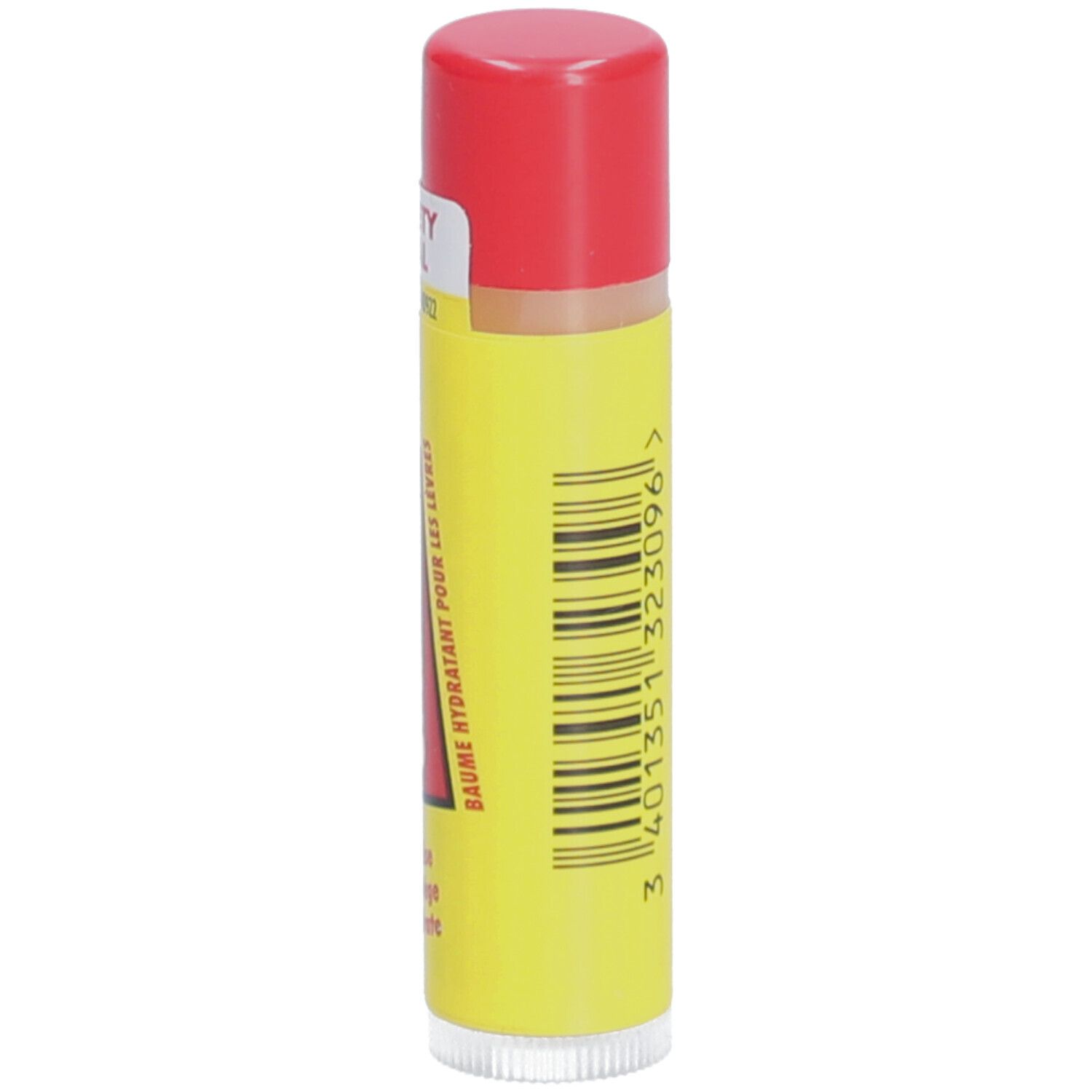 Stick de baume à lèvres jaune avec bouchon rouge. Avec code-barres et informations de fabrication.