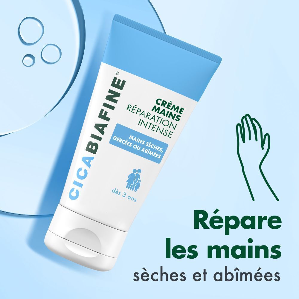 CicaBiafine® Intensiv-Reparatur-Handcreme. Crème Mains Réparation Intense. Répare les mains sèches et abîmées. Silhouette de main.