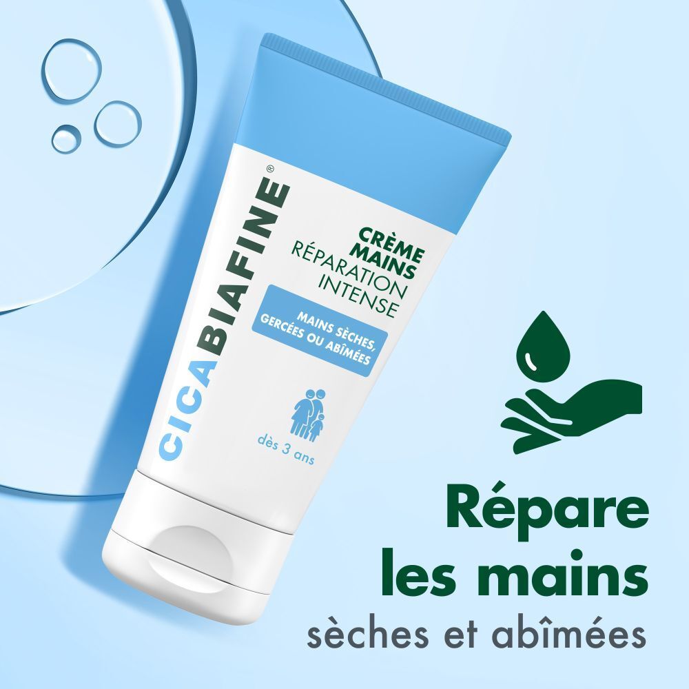 CicaBiafine® Intensiv-Reparatur-Handcreme. Crème Mains Réparation Intense. Répare les mains sèches et abîmées. Symbole de goutte.