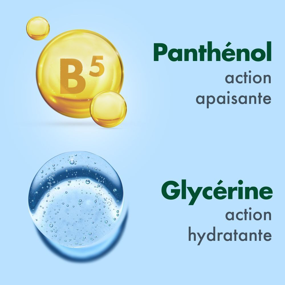 CicaBiafine® Intensiv-Reparatur-Handcreme. Text: Panthénol, Glycérine. Action apaisante, hydratante. Cercles jaunes et bleus.