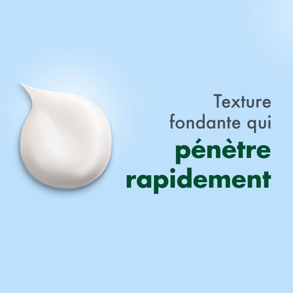 CicaBiafine® Intensiv-Reparatur-Handcreme. Texture fondante qui pénètre rapidement. Goutte de crème. Fond bleu.