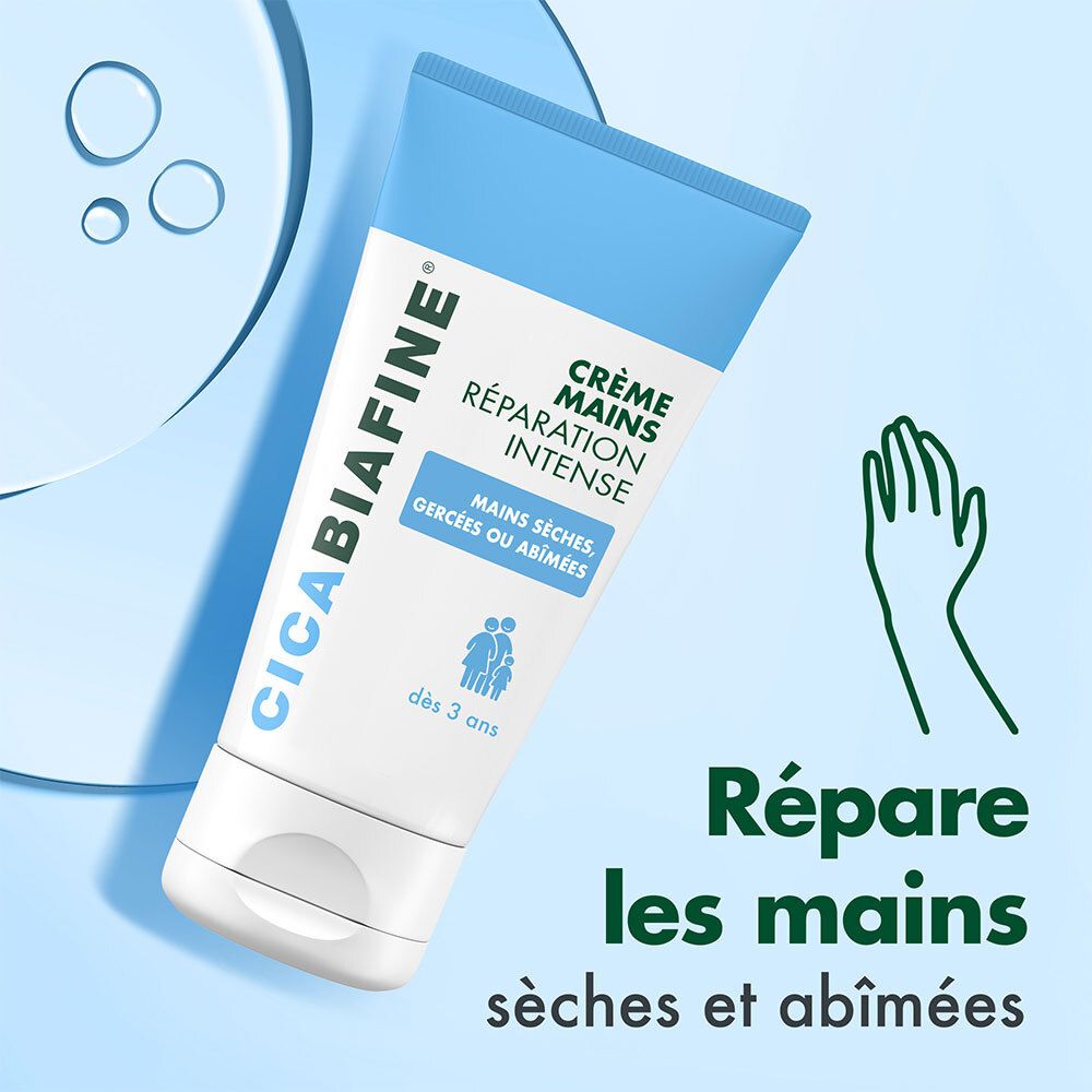 Tube de crème mains CicaBiafine. Crème Mains Réparation Intense. Pour mains sèches, gercées ou abîmées. Dès 3 ans. Répare les mains.