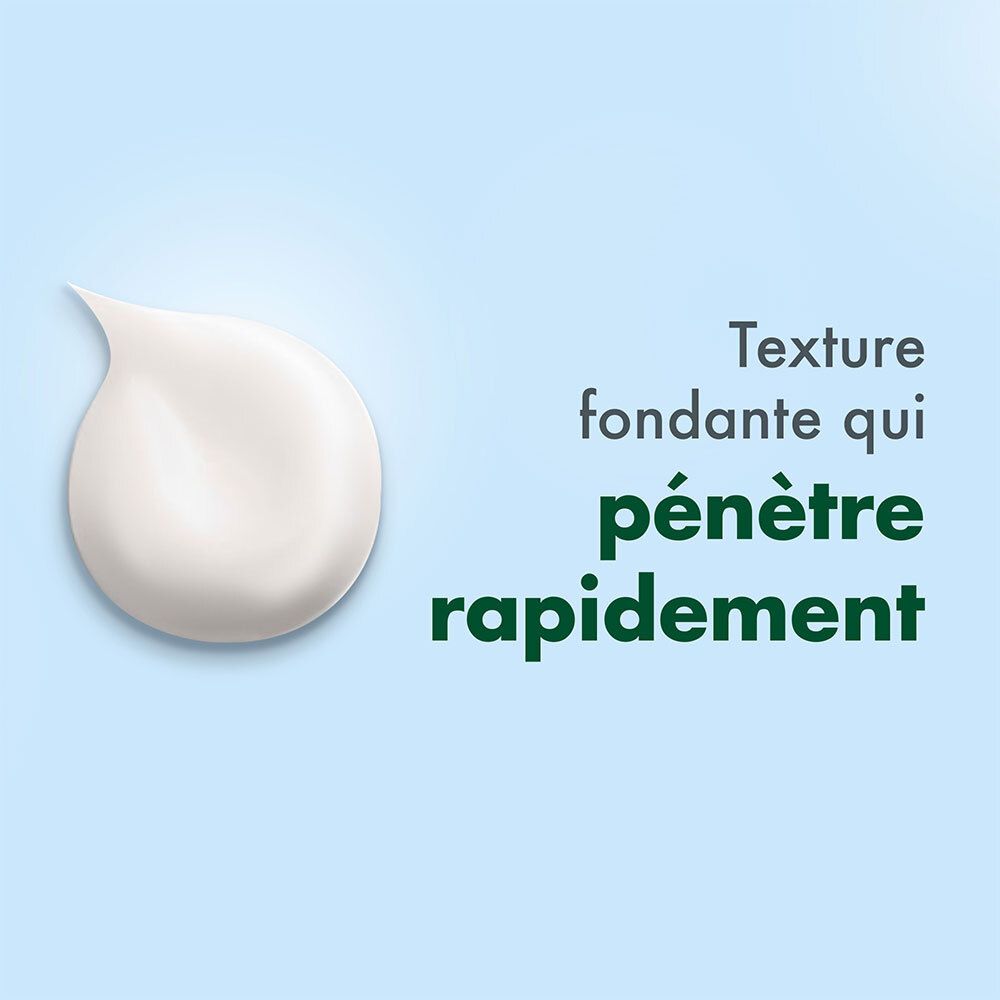 Gros plan d'une crème blanche. Texte: Texture fondante qui pénètre rapidement.