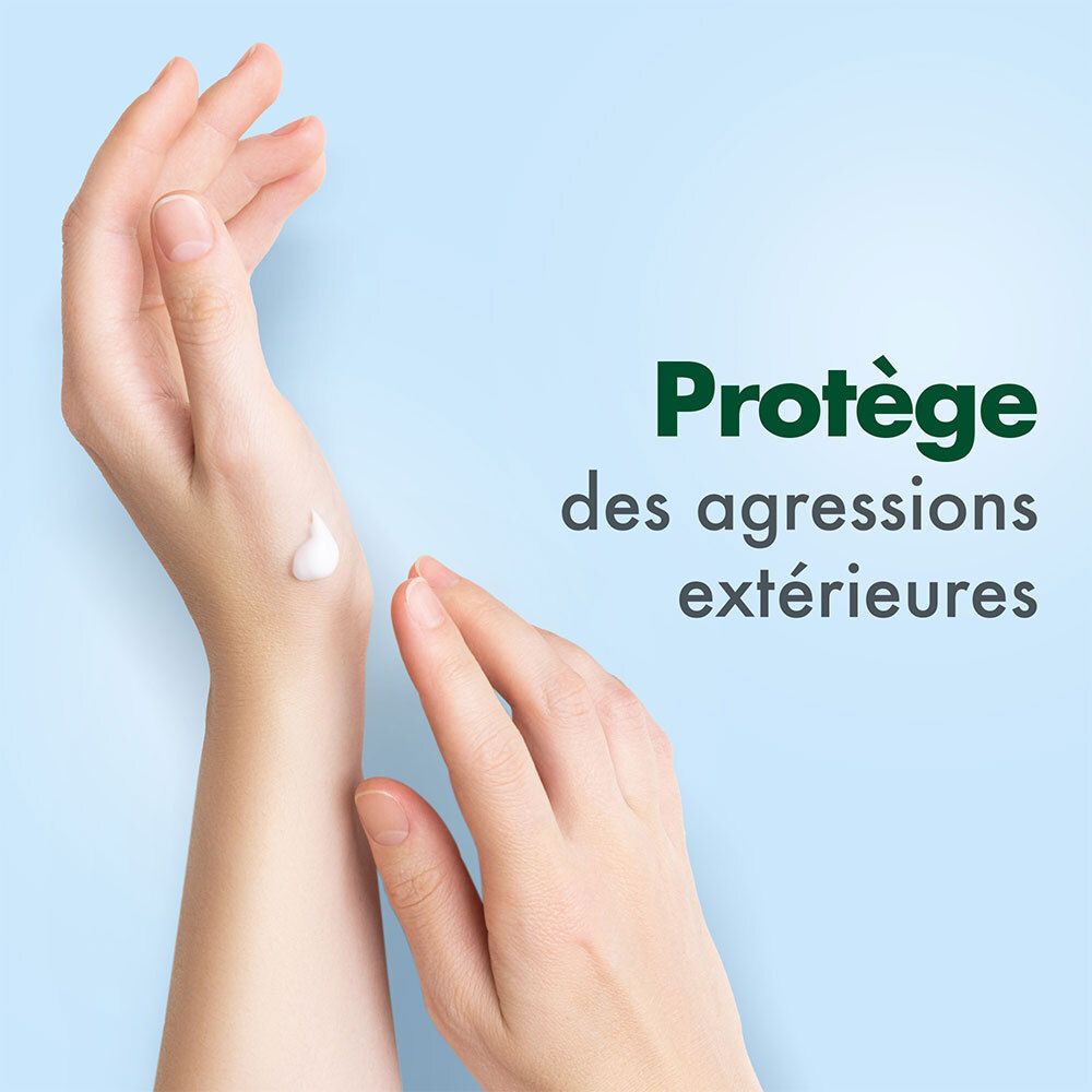 Mains avec crème. Texte: Protège des agressions extérieures.