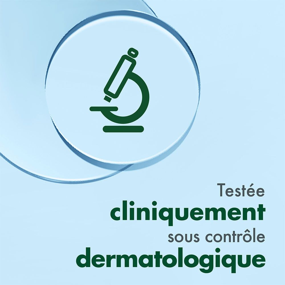 Symbole de microscope. Texte: Testée cliniquement sous contrôle dermatologique.