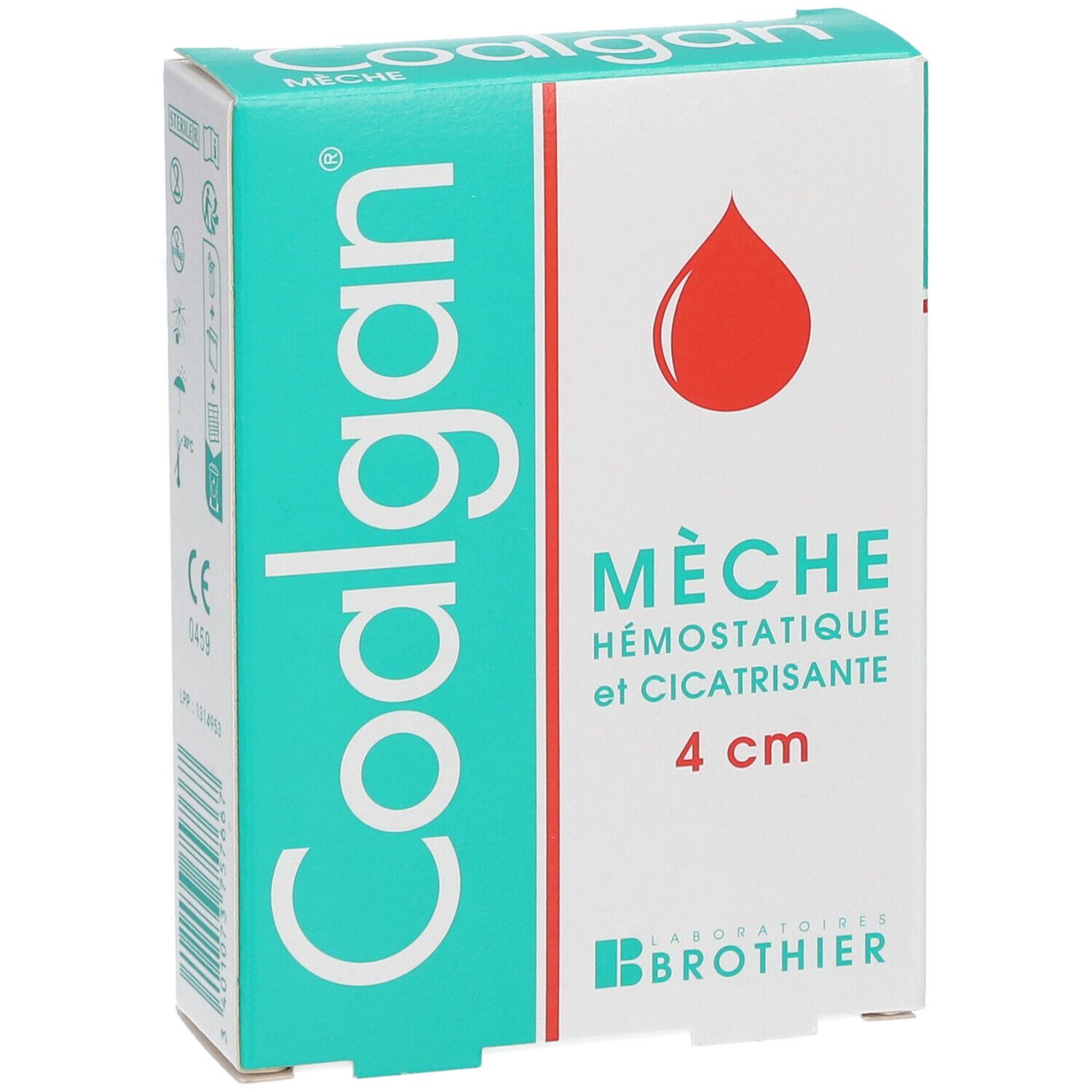 Boîte Coalgan. Boîte turquoise et blanche avec goutte rouge, texte Mèche, 4 cm. Laboratoires Brothier. Marquage CE.