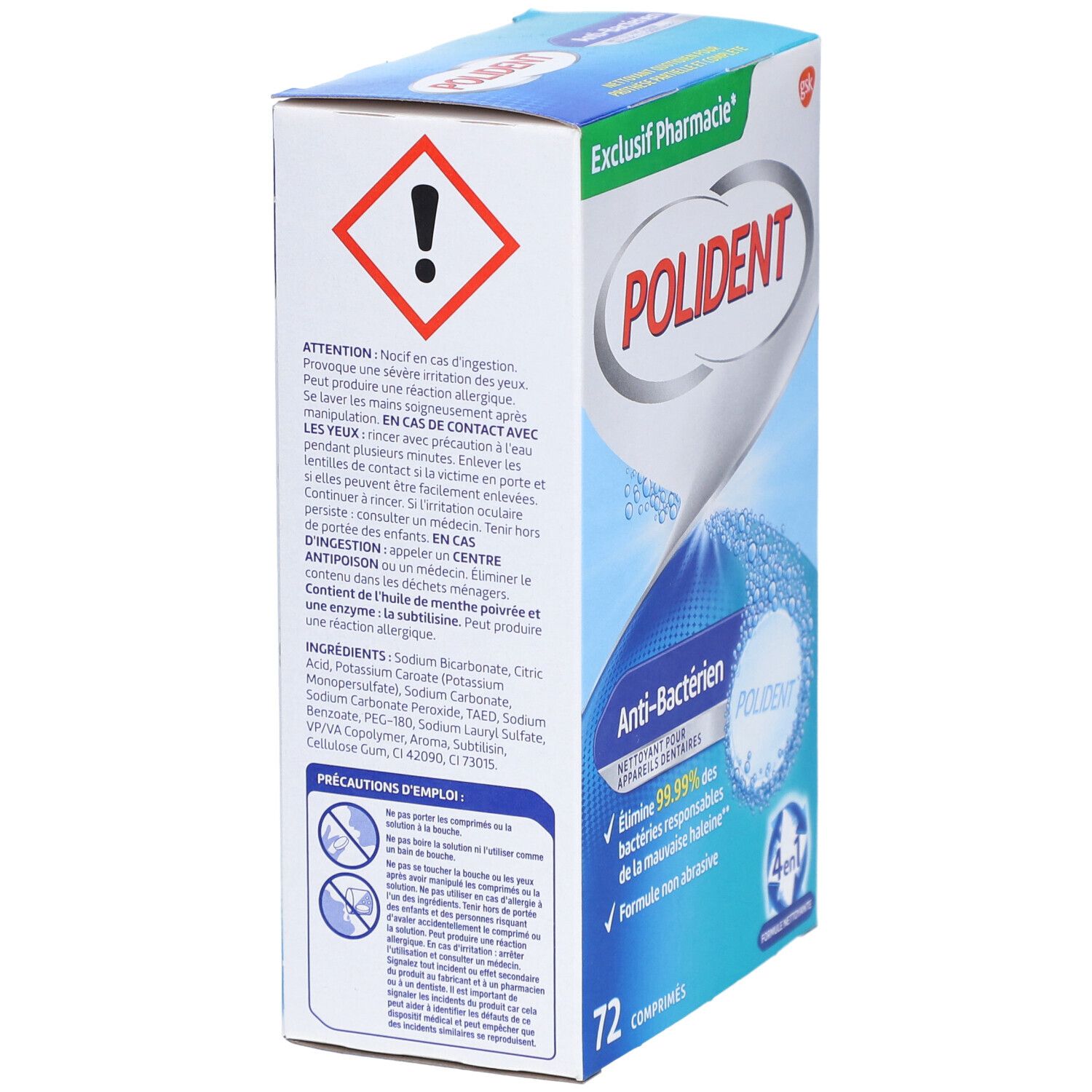 Boîte de POLIDENT® Anti-Bactérien. Arrière avec avertissements et ingrédients. Contient 72 comprimés.