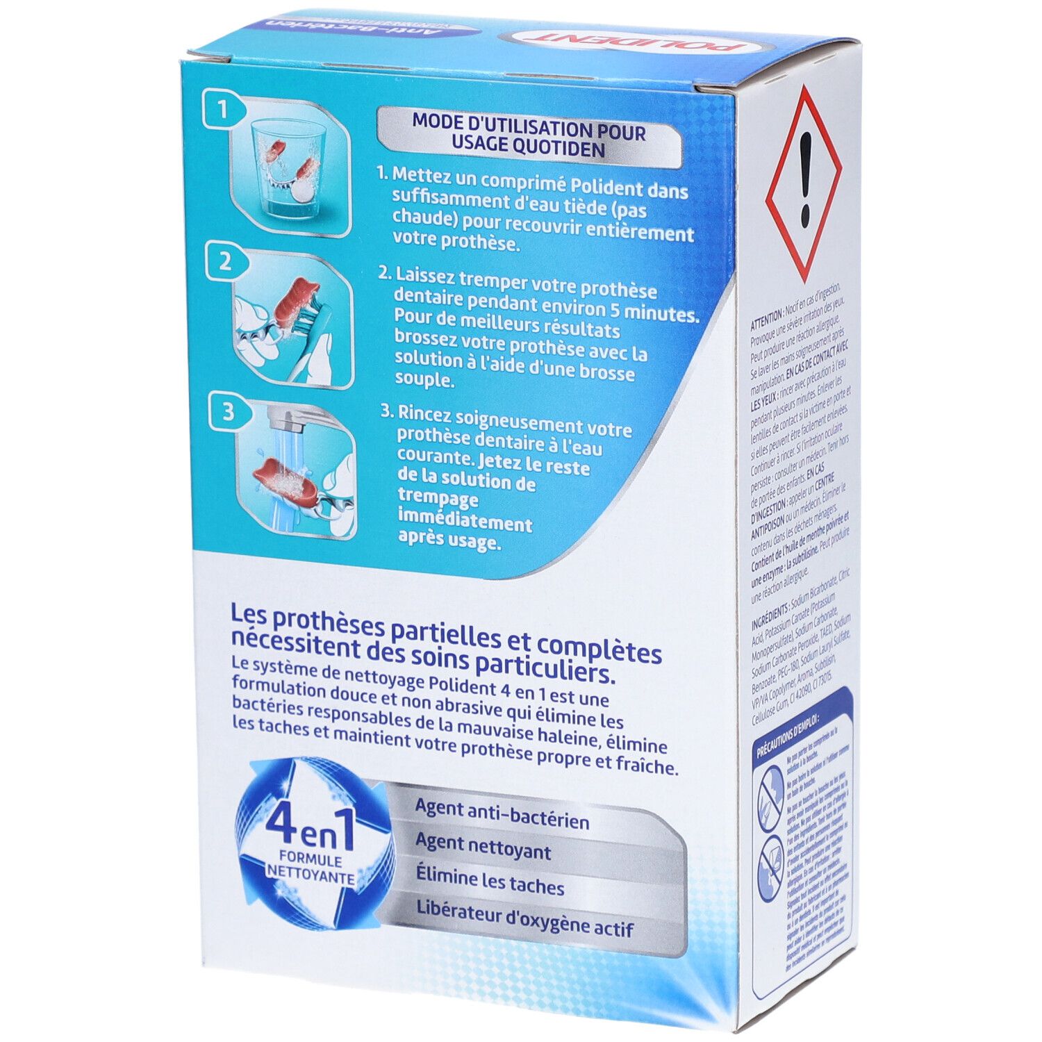 Boîte de POLIDENT® Anti-Bactérien. Instructions d'utilisation quotidienne. Contient 72 comprimés.