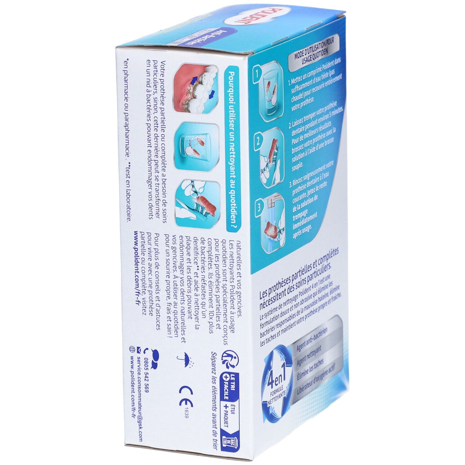 Boîte de POLIDENT® Anti-Bactérien. Informations sur l'utilisation et les avantages. Contient 72 comprimés.