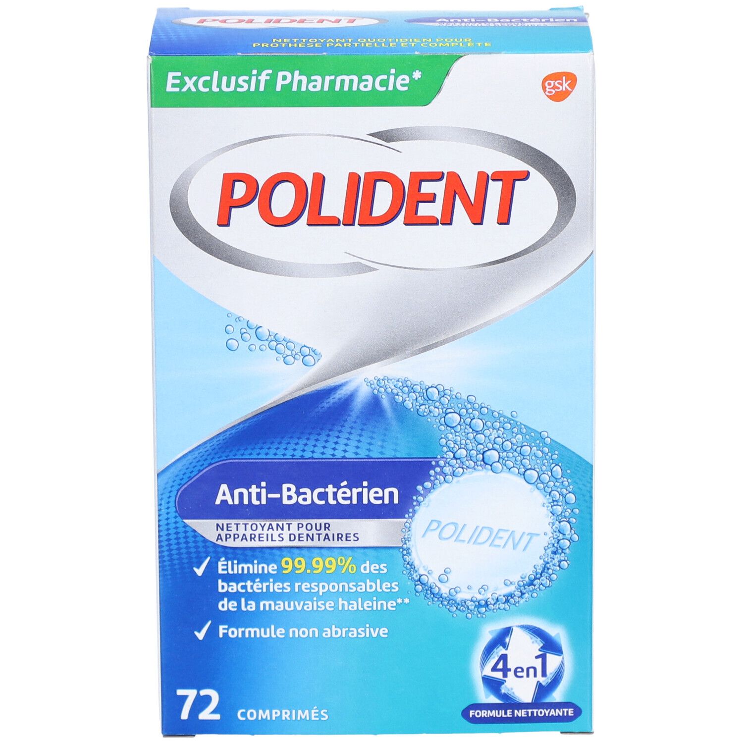 Boîte de POLIDENT® Anti-Bactérien. Bleu et blanc, avec nom et logo du produit. Contient 72 comprimés.