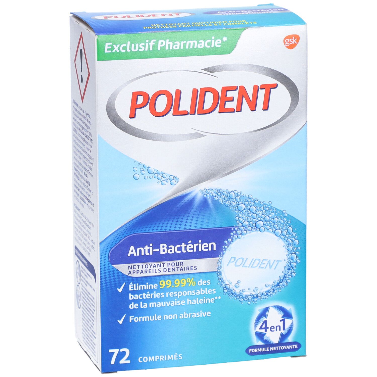 Boîte de POLIDENT® Anti-Bactérien. Bleu et blanc, avec nom et logo du produit. Contient 72 comprimés.