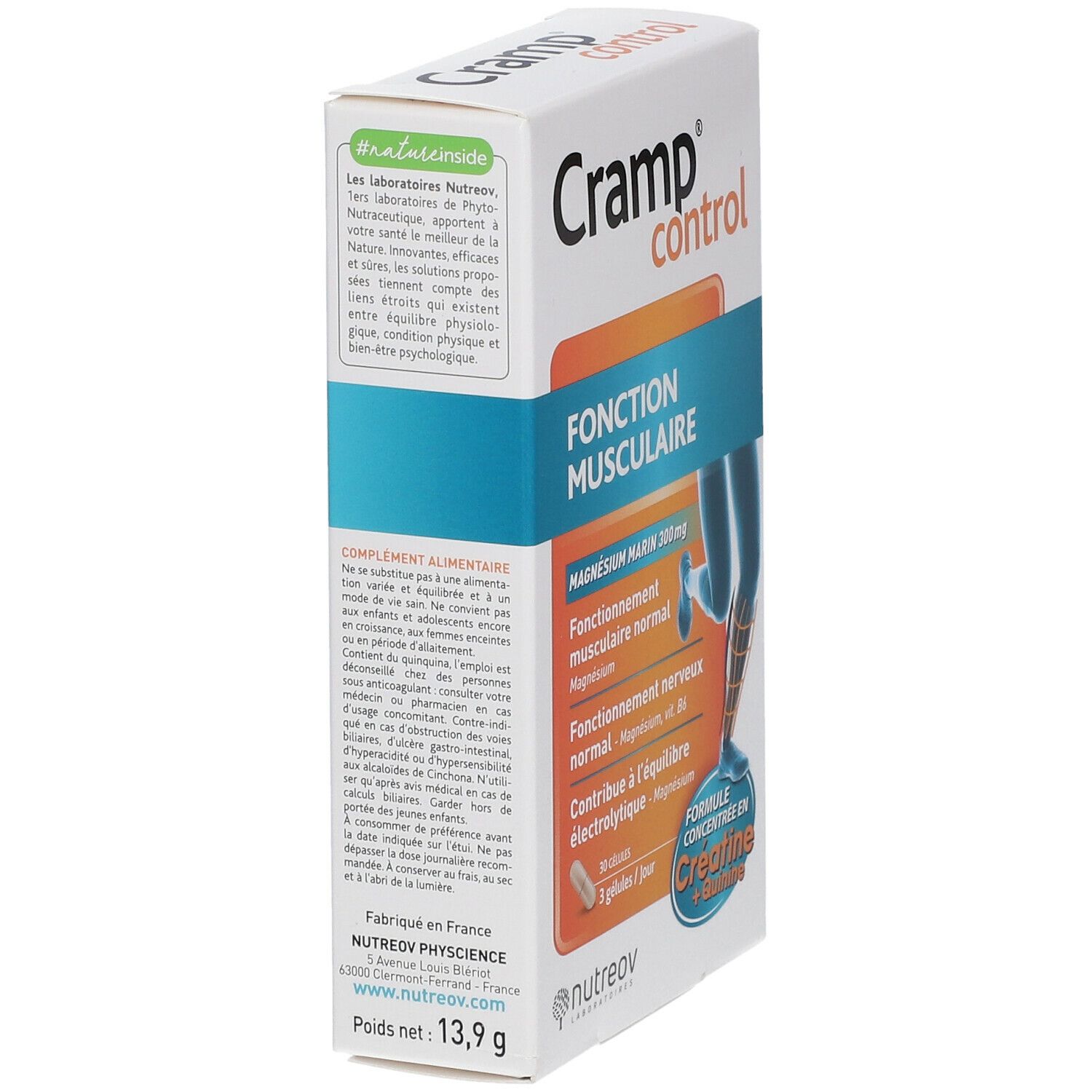Boîte de Cramp Control. Contient 13,9 g. Inscription : Fonction musculaire, Magnésium marin 300mg, Formule concentrée en Créatine + Quinine. Marque : Nutreov Physcience.