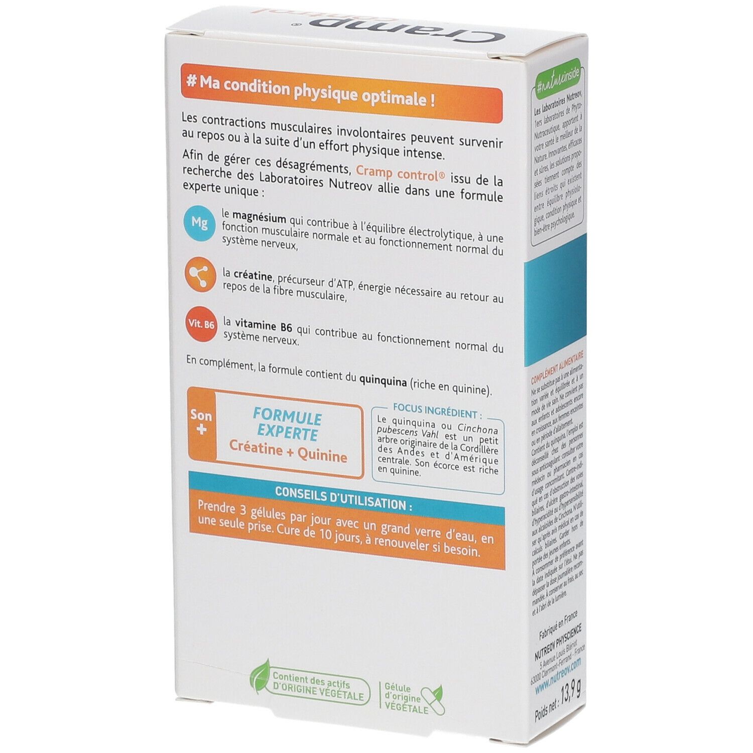 Dos de la boîte de Cramp Control. Contient des informations sur l'utilisation et les ingrédients. Inscription : Formule Experte Créatine + Quinine.